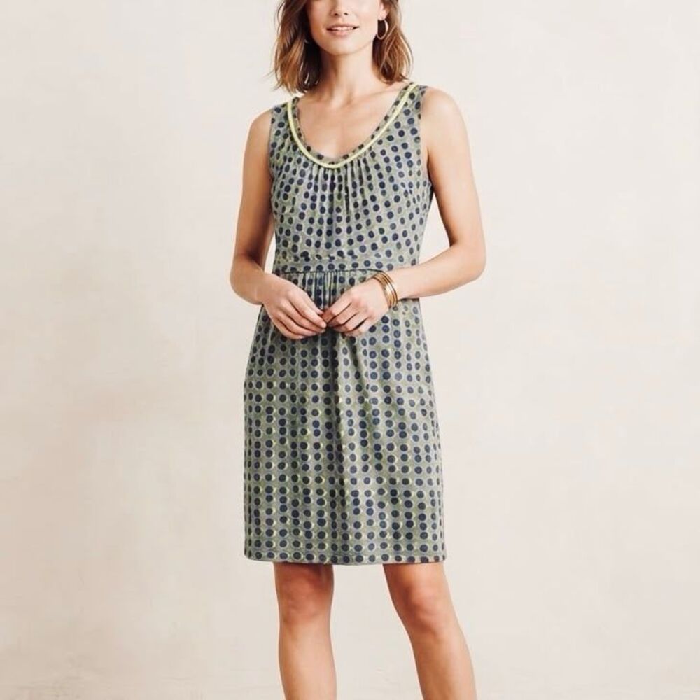 Boden grey blue green yellow polka dot dress with embroidered neckline